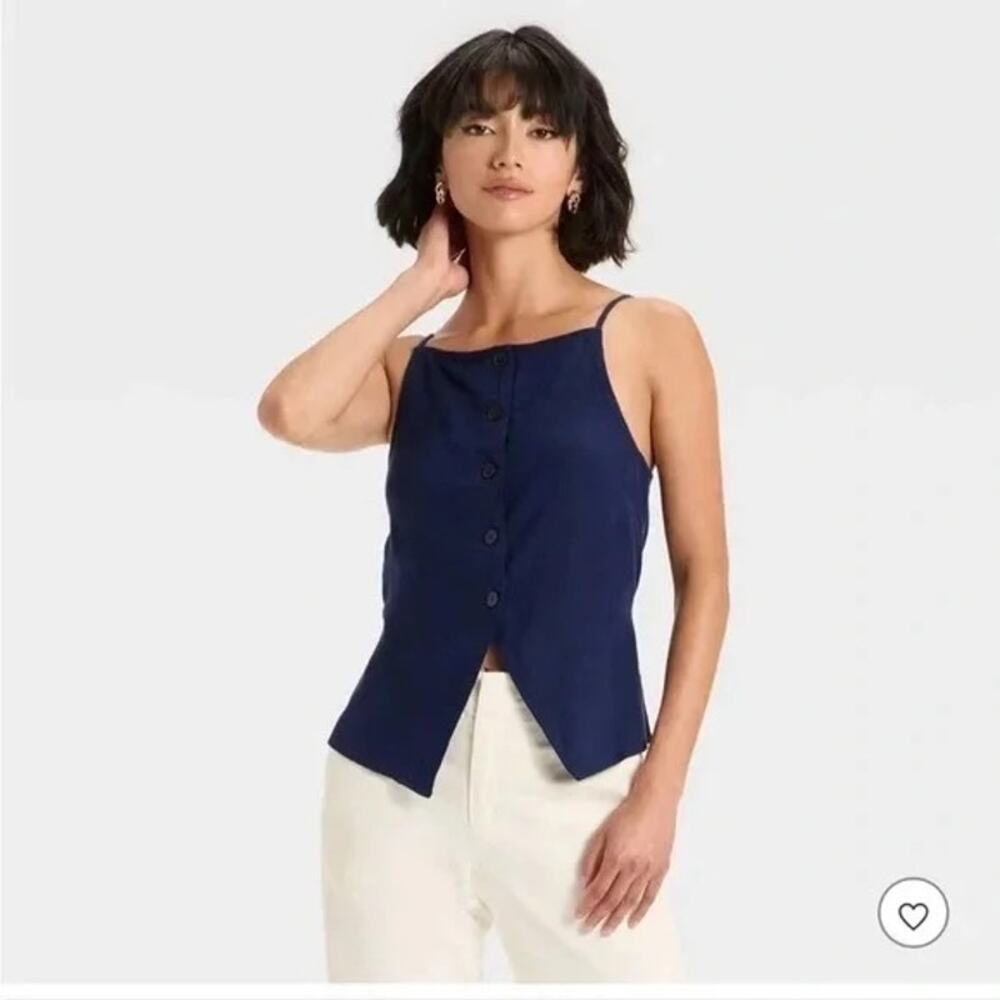 NWT linen blend button up tank top split hem navy blue women's XL A‎ New Day
